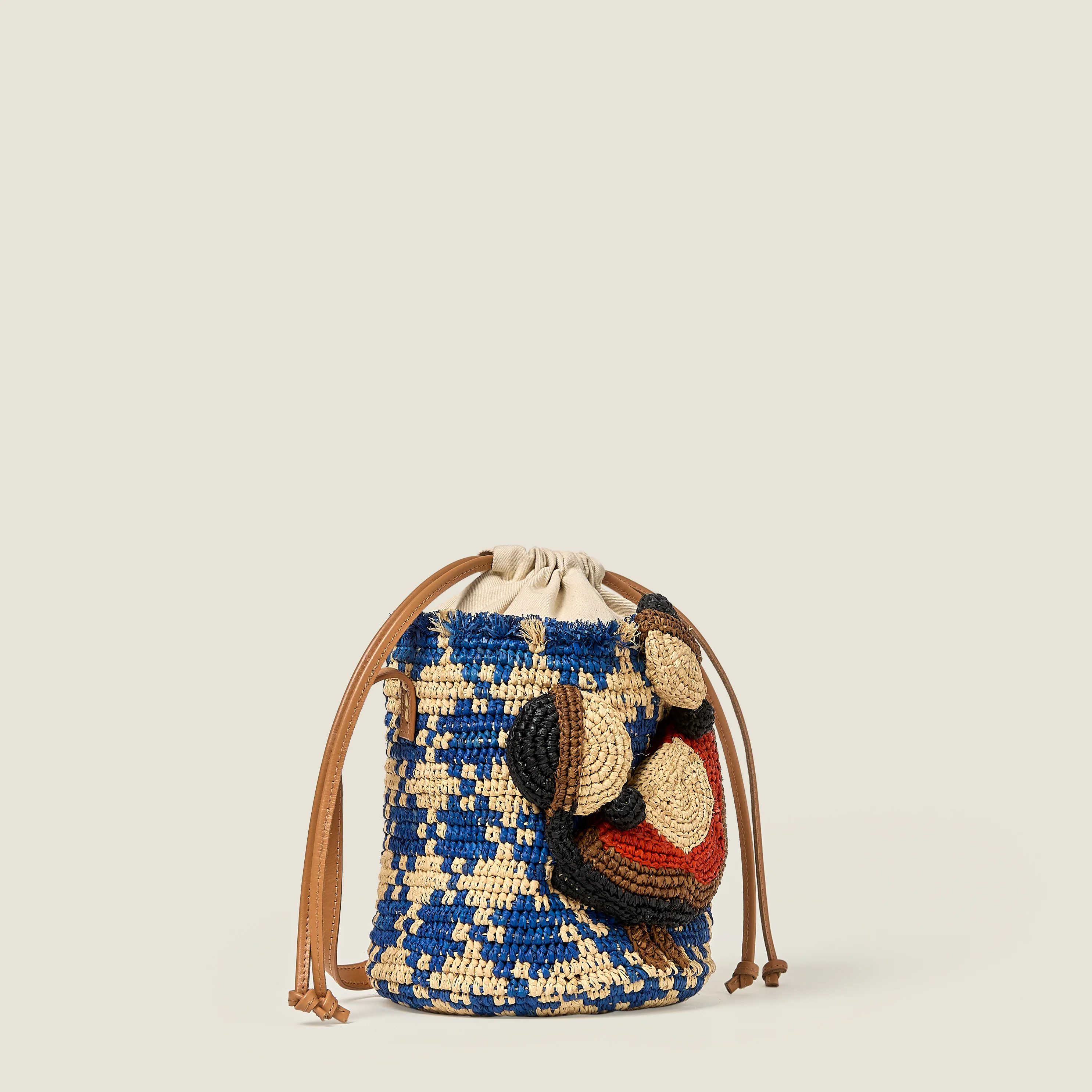 Crab and Houndstooth Raffia Bucket Bag - Sea Blue - Image 4